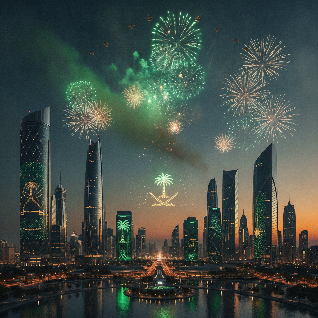 Fireworks and Saudi emblem light displays over a modern city skyline with jets flying overhead